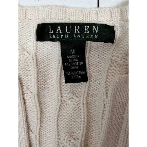 Lauren Ralph Lauren Sweater Womens Medium Cream Cable Knit V-Neck Cotton Preppy - Picture 6 of 10
